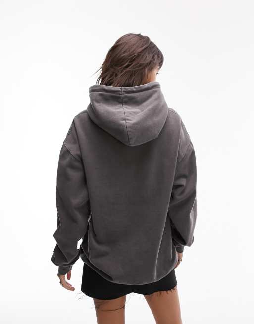 Topshop graphic license AC DC oversized hoodie in washed black