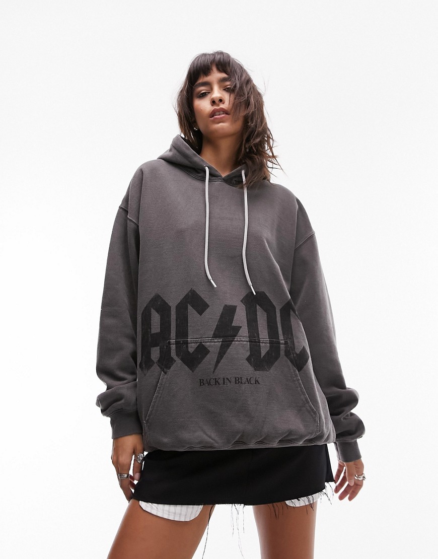 Topshop graphic license ACDC oversized hoodie in washed black