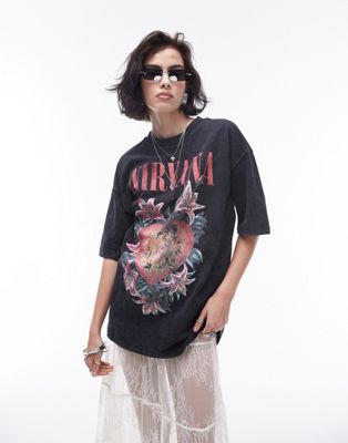Topshop Graphic License Nirvana Oversized Tee In Charcoal-gray