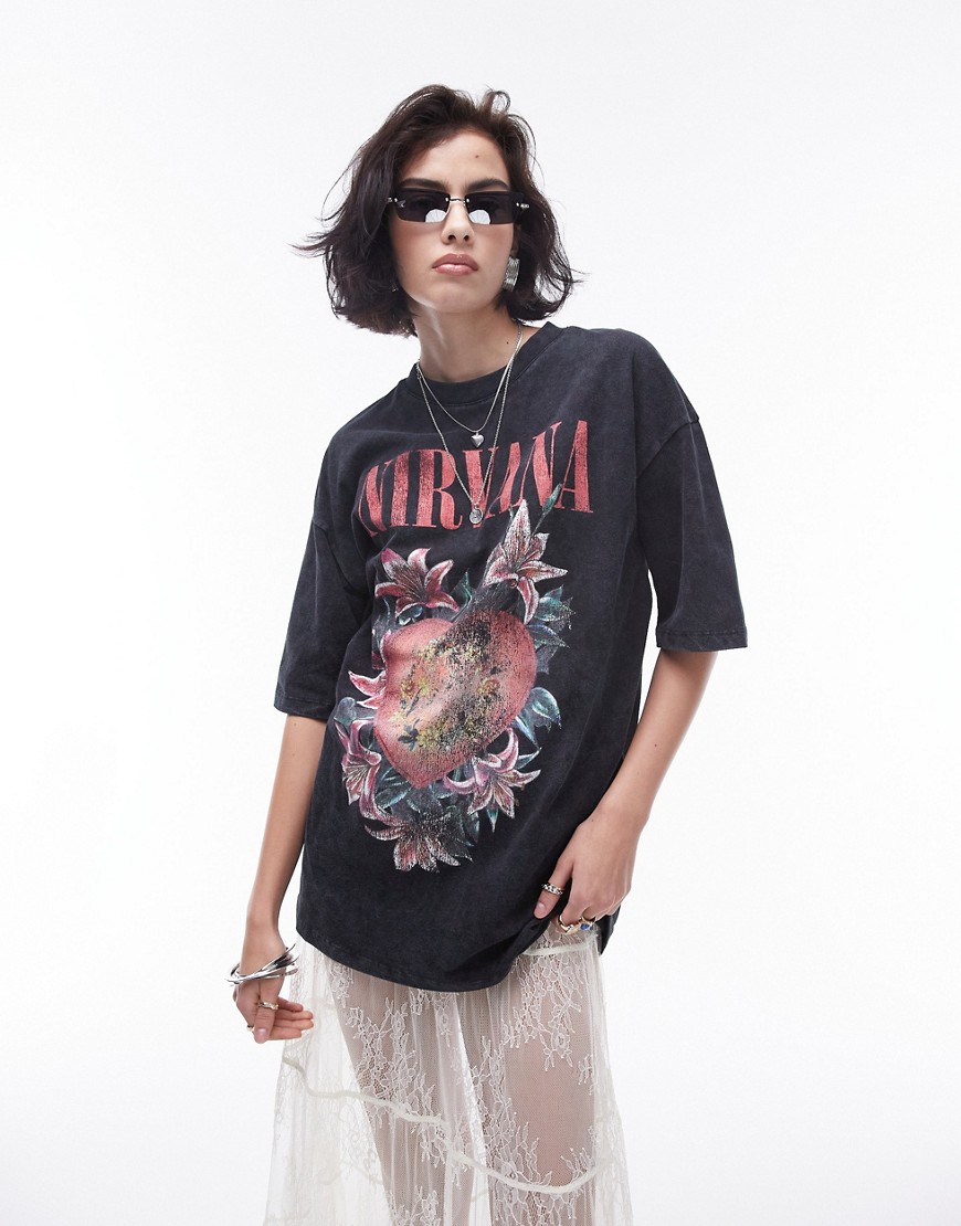 Topshop graphic license Nirvana oversized tee in charcoal-Grey