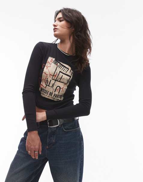 Topshop graphic license Paul klee long sleeve top in charcoal