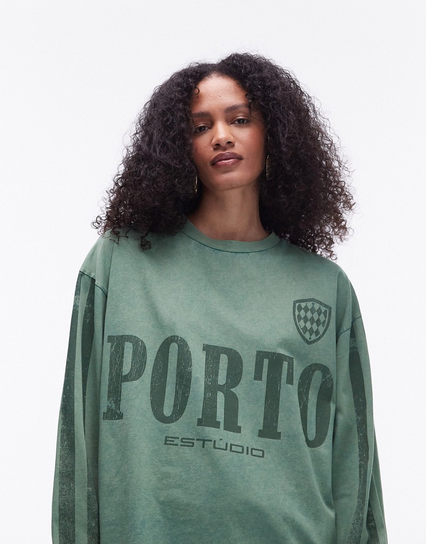 Topshop graphic long sleeve Porto sporty skater tee in green