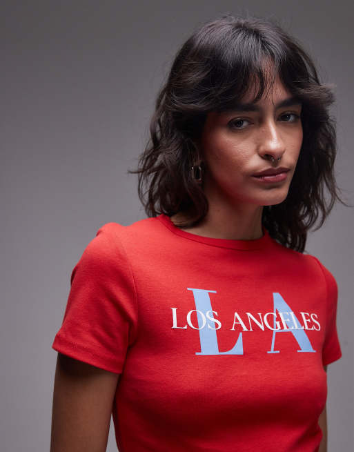 Topshop graphic Los Angeles puff print baby tee in red, 3 of 4