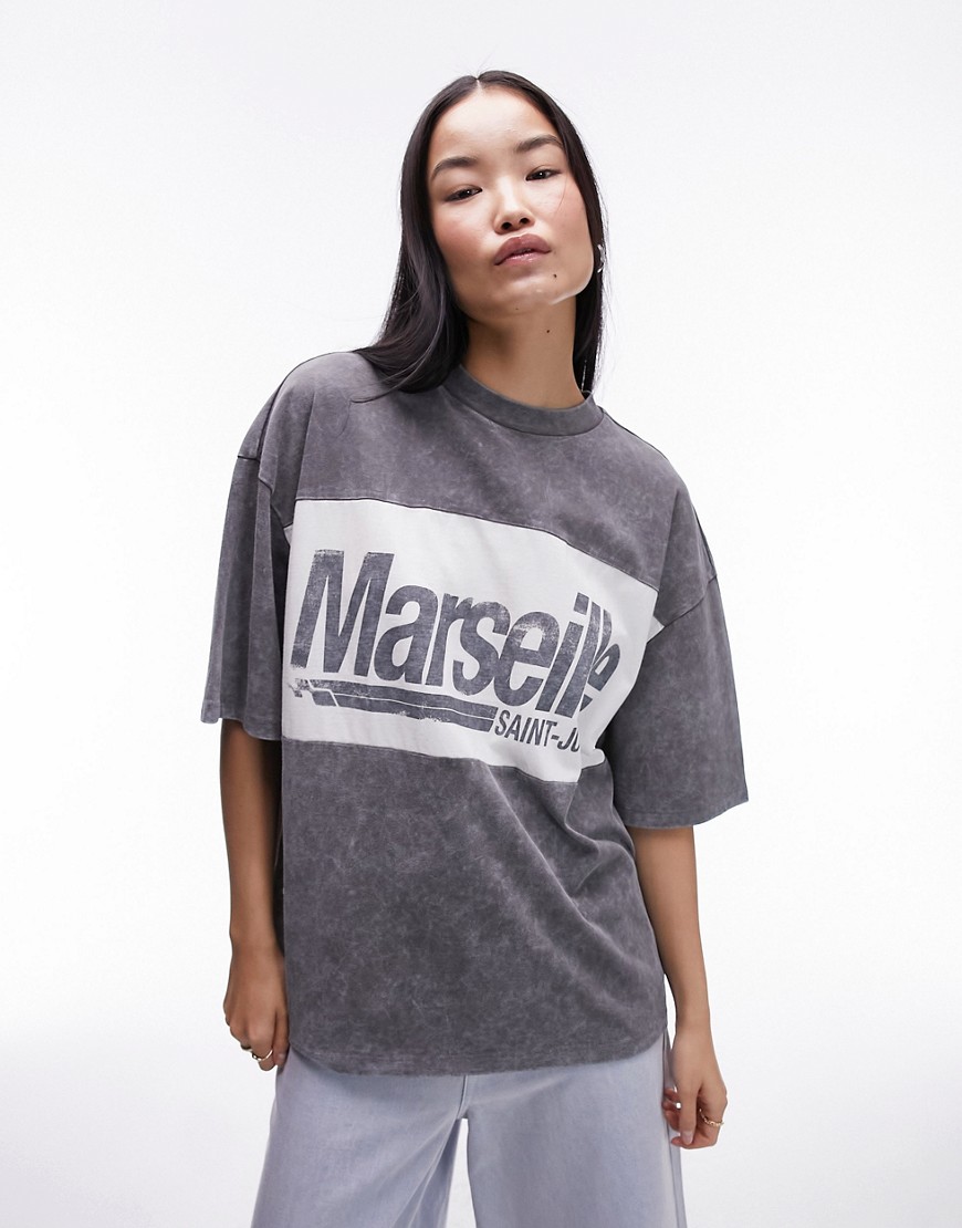 Topshop graphic Marseille washed oversized tee in charcoal-Grey