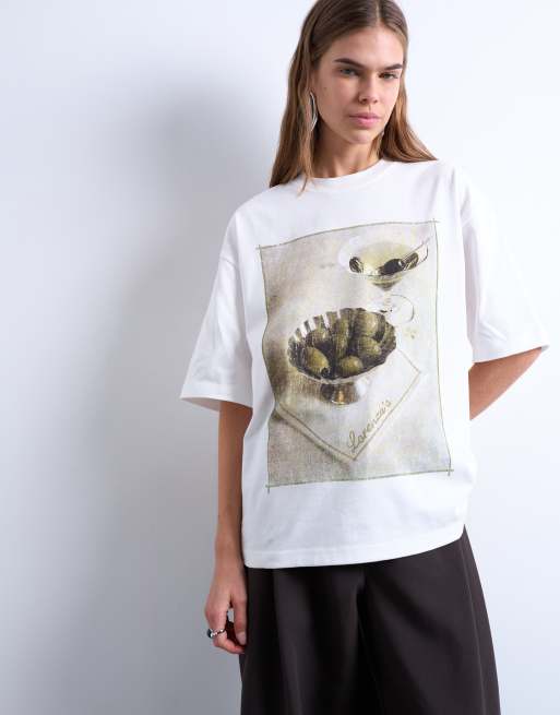 Topshop graphic martini print oversized tee in ivory, 3 of 4