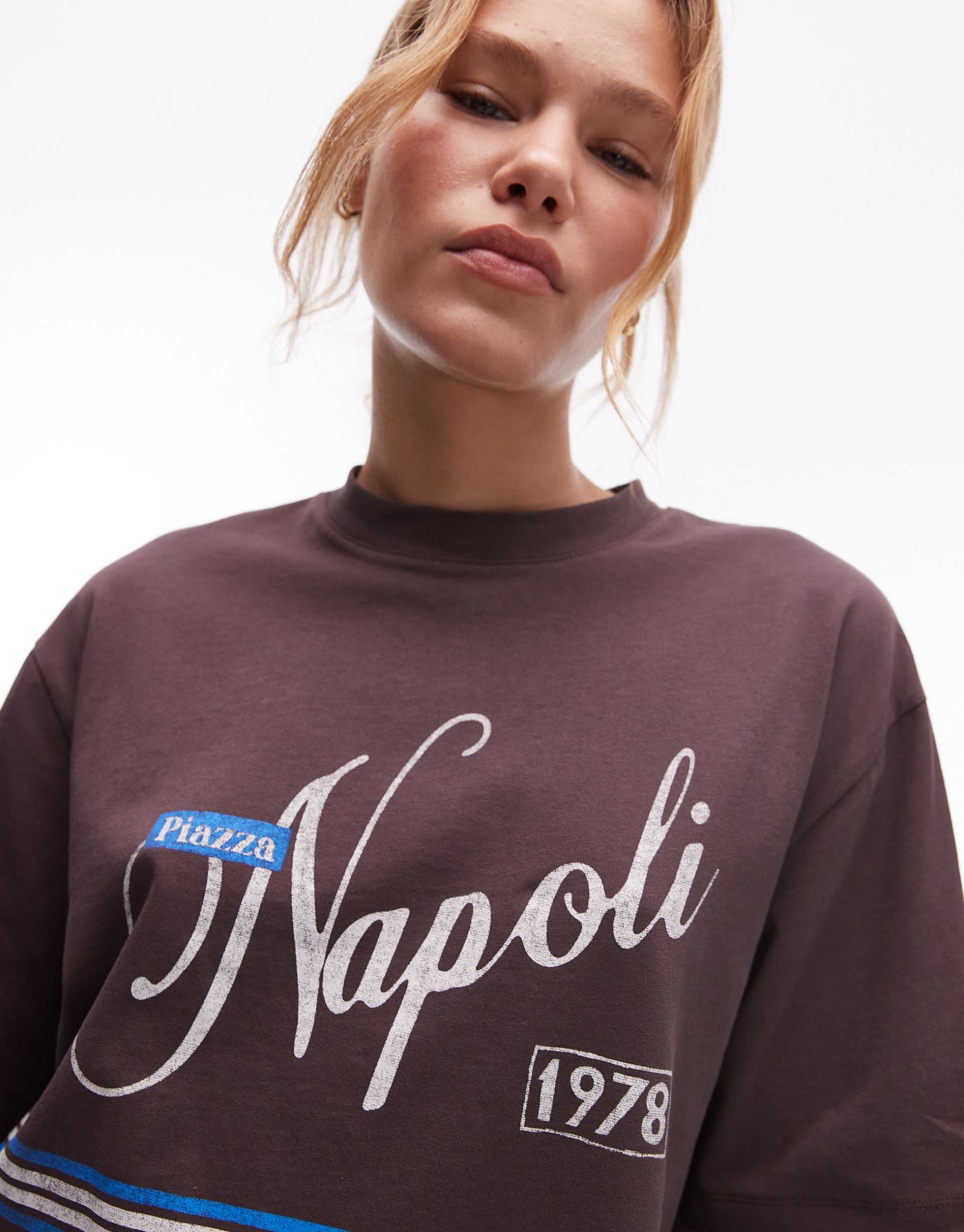 topshop graphic napoli oversized jersey top in brown