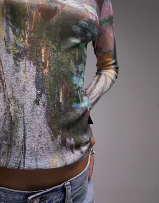 Topshop graphic National gallery Claude Monet lilies mesh long sleeve top in multi, 3 of 4