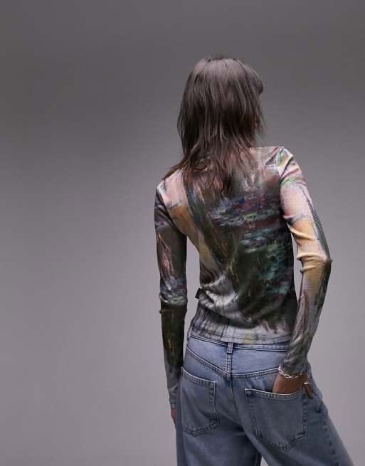 Topshop graphic National gallery Claude Monet lilies mesh long sleeve top in multi, 4 of 4