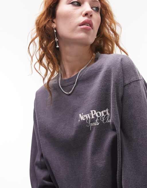 Topshop graphic new port long sleeve skater tee in Slate, 2 of 4