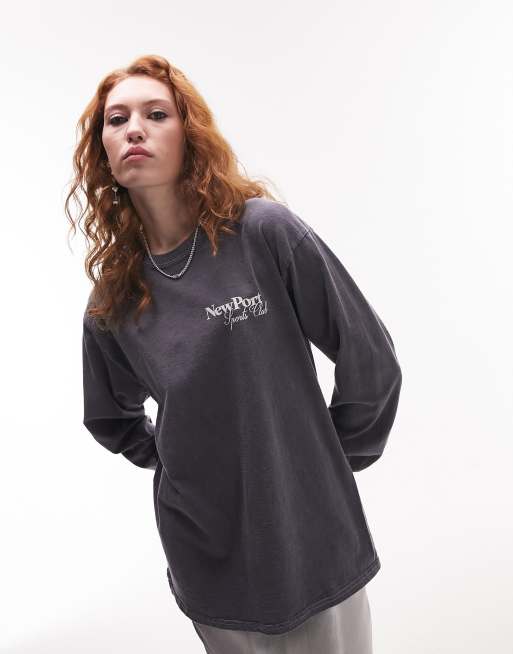 Topshop graphic new port long sleeve skater tee in Slate, 3 of 4