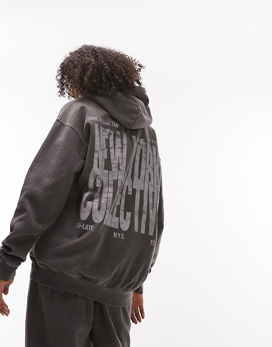 Topshop graphic New York Collective oversized hoodie in charcoal - part of a set-Gray