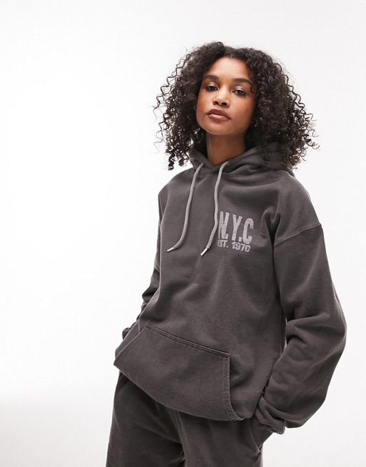 Topshop graphic New York washed oversized hoodie in charcoal