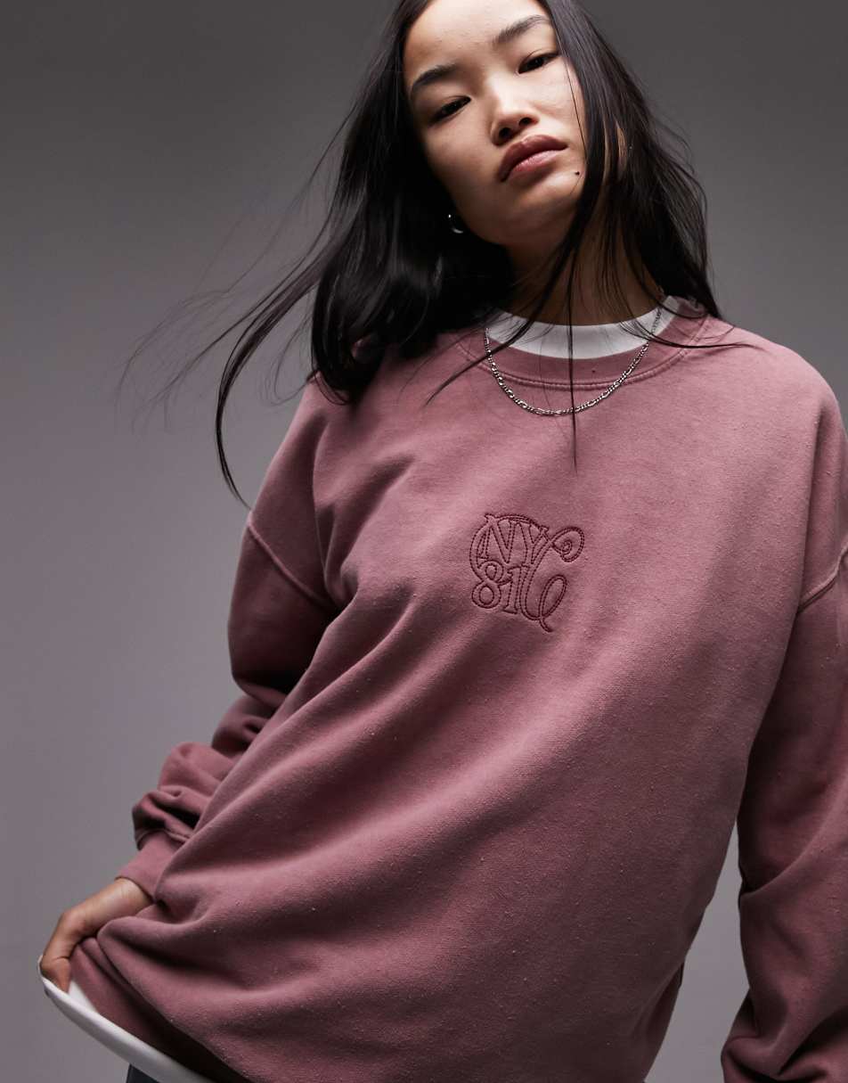 Topshop graphic NYC embroidered chain stitch vintage wash oversized sweat in mauve