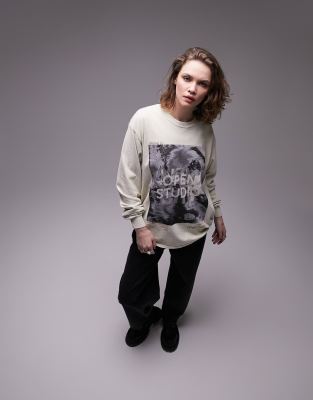 Topshop graphic open studio long sleeve skater tee in ecru - ASOS Price Checker