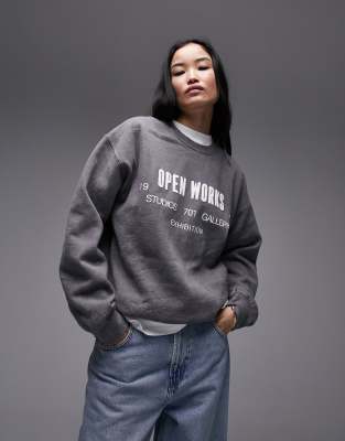 Topshop graphic open works vintage wash oversized sweatshirt in charcoal Gray Smart Closet