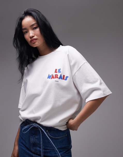 Topshop graphic oversized Le Marias t-shirt in white - view 1