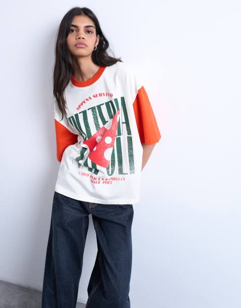 Topshop graphic oversized pizzeria tee with contrast sleeves in white - view 1