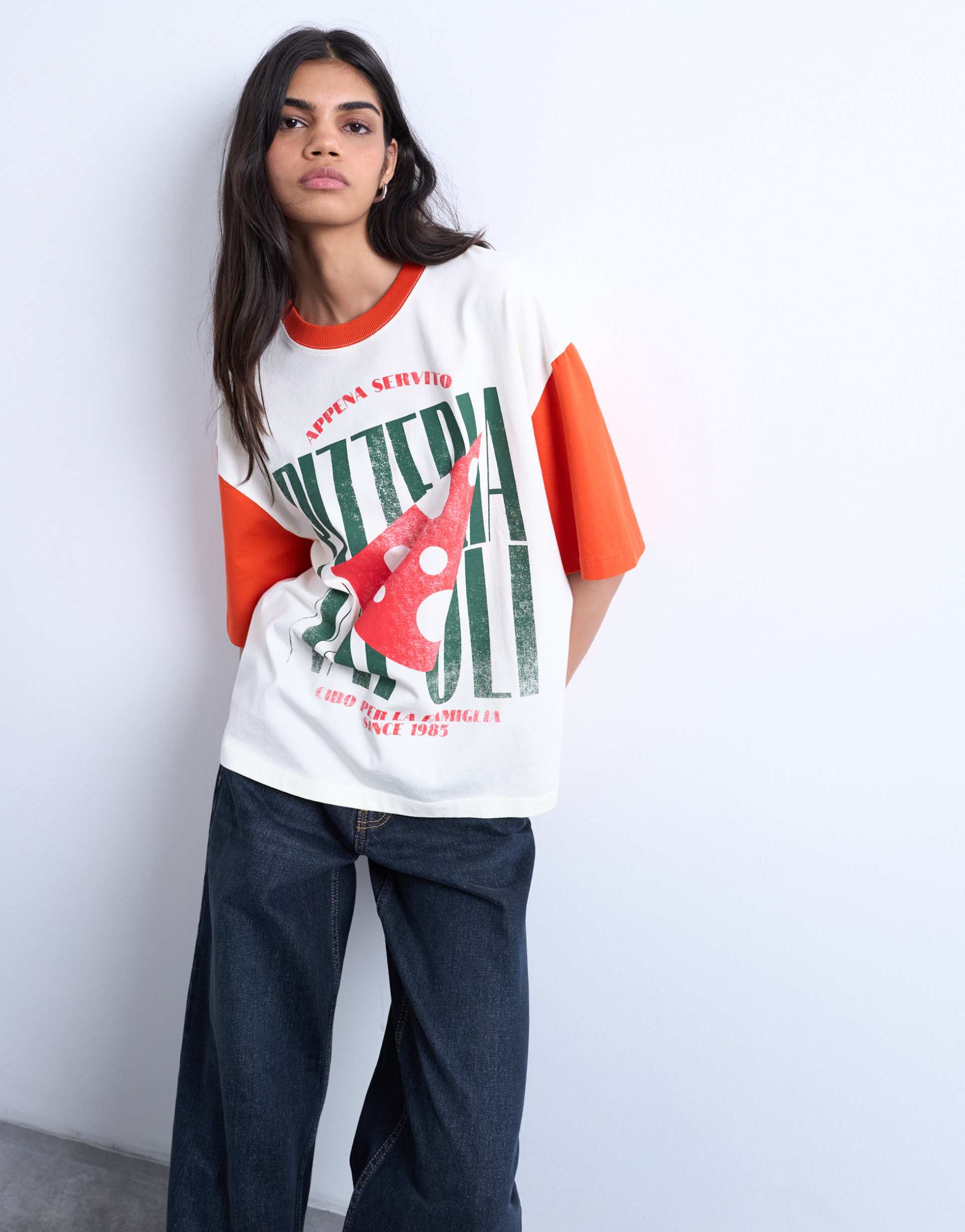 topshop graphic oversized pizzeria tee with contrast sleeves in white