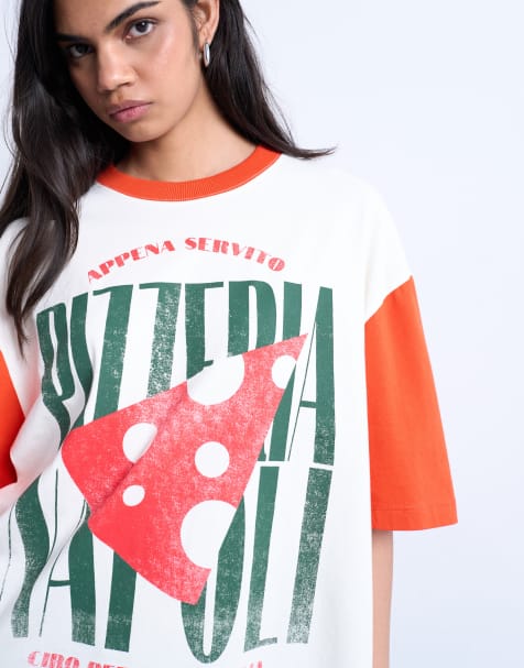 Topshop graphic oversized pizzeria tee with contrast sleeves in white - view 2