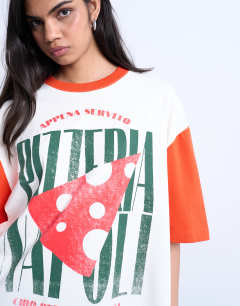 Model wearing Graphic oversized pizzeria tee with contrast sleeves in white