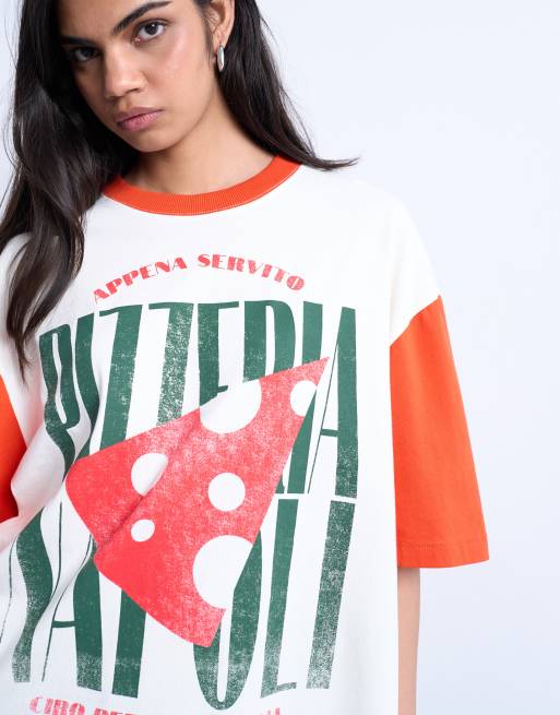 Topshop graphic oversized pizzeria tee with contrast sleeves in white