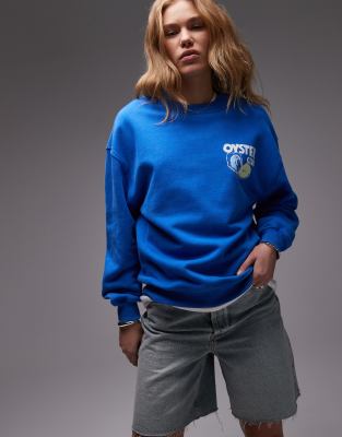 Topshop Graphic Oyster Club Sweatshirt In Blue