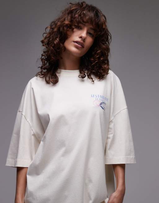 Topshop graphic oyster print oversized tee in ecru