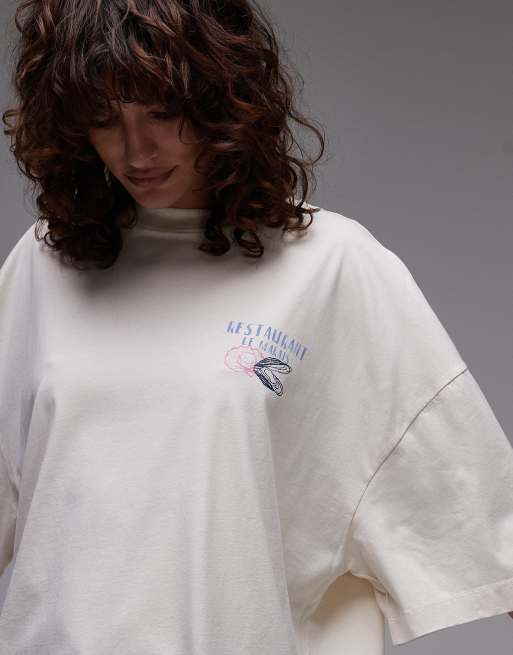 Topshop graphic oyster print oversized tee in ecru