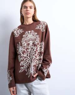 Graphic paisley long sleeve skater tee in brown