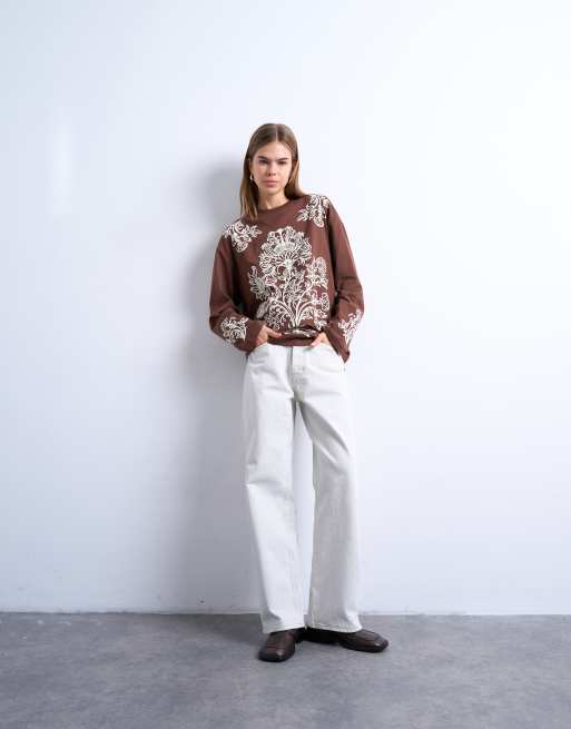 Topshop graphic paisley long sleeve skater tee in brown, 2 of 4