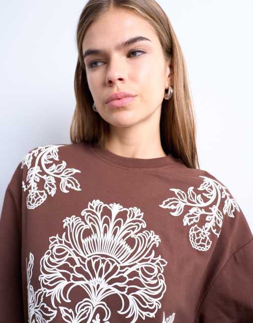 Topshop graphic paisley long sleeve skater tee in brown, 3 of 4