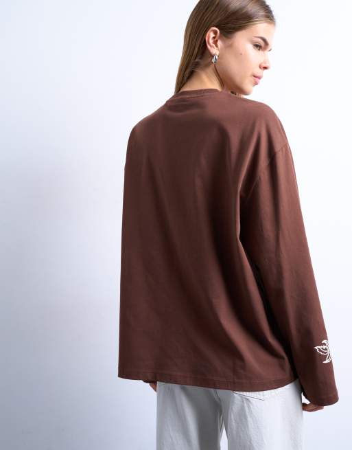 Topshop graphic paisley long sleeve skater tee in brown, 4 of 4