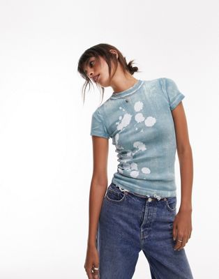 Topshop graphic photographic blurred floral baby tee in green