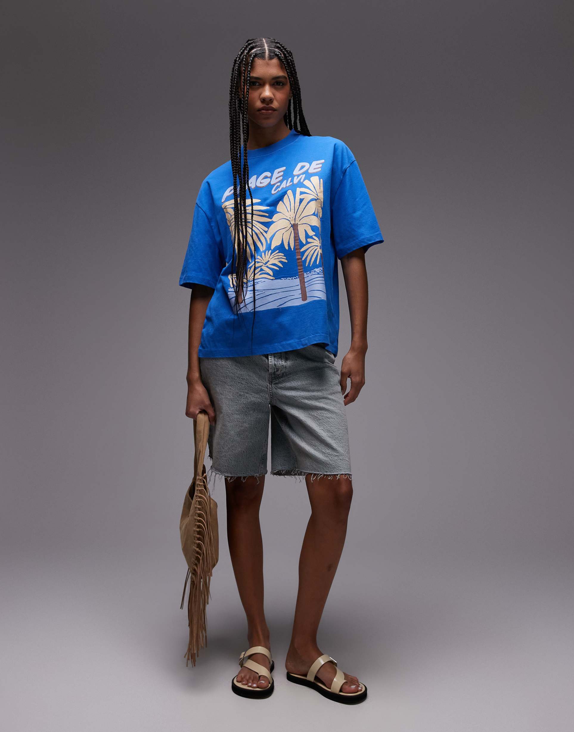 topshop graphic plage de calvi oversized tee in cobalt blue