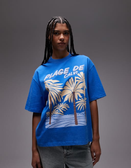 Topshop graphic Plage de Calvi oversized tee in cobalt blue