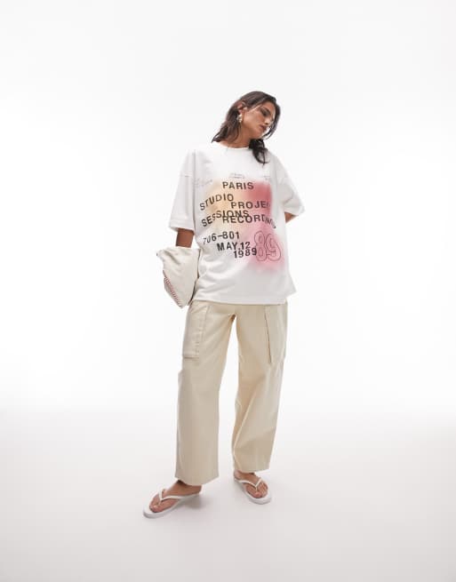 Topshop graphic premium Paris spray studio oversized tee in white