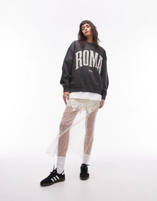 Topshop graphic Roma 1973 vintage wash oversized sweat in charcoal