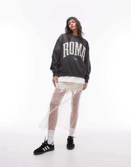 Topshop graphic Roma 1973 vintage wash oversized sweatshirt in charcoal