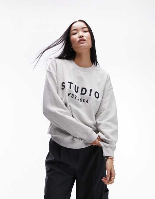 Topshop graphic rubberized studio est 2004 oversized sweat in gray heather, 4 of 4