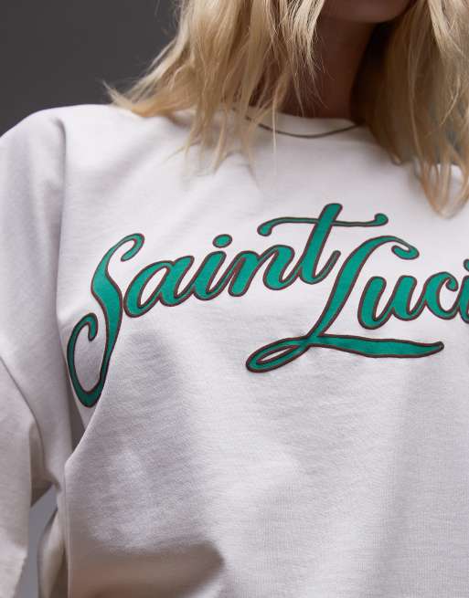 Topshop graphic Saint Lucia premium oversized tee in ecru, 4 of 4