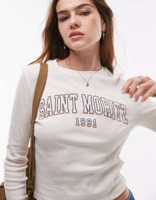 Topshop Graphic Saint Moritz Long Sleeve Baby Tee In Ivory-white