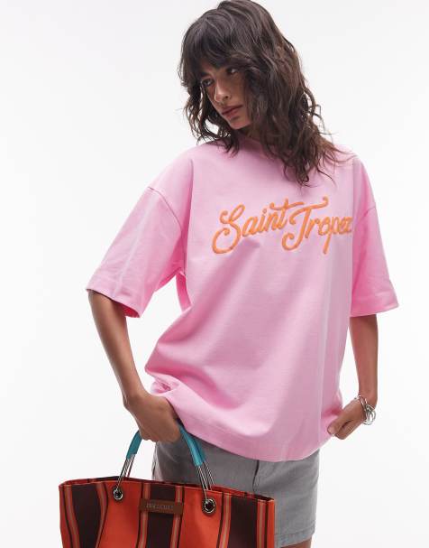 Topshop graphic Saint Tropez puff print oversized tee in pink - view 1