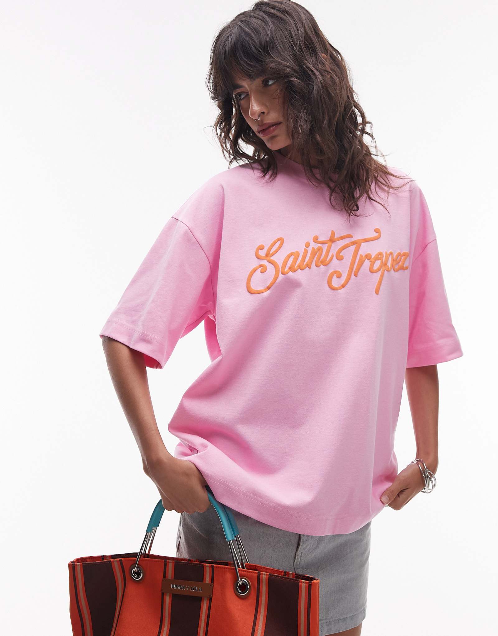 Объемная футболка Topshop с графическим принтом Saint Tropez puff в розовом цвете