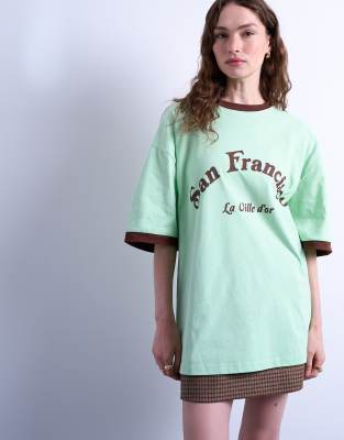 Topshop Graphic San Francisco Oversized Tee In Green