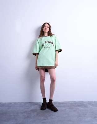 Topshop Graphic San Francisco Oversized Tee In Green