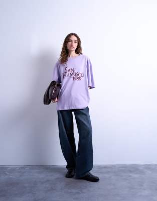 Topshop Graphic San Francisco Oversized Tee In Purple