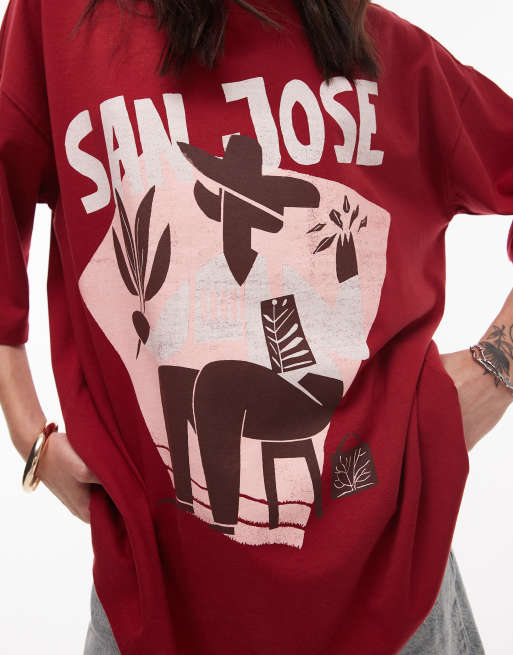Topshop graphic San Jose oversized tee in red, 3 of 4
