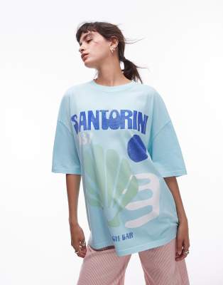 Topshop graphic Santorini art oversized tee in blue