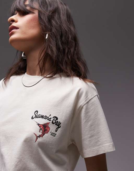 Topshop graphic Seaman's Bay back print boxy tee in ecru, 2 of 4