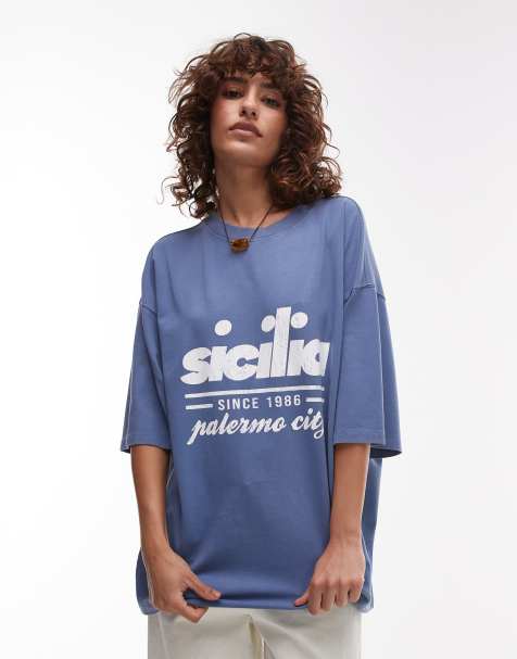 Topshop graphic Sicilia oversized tee in blue - view 1
